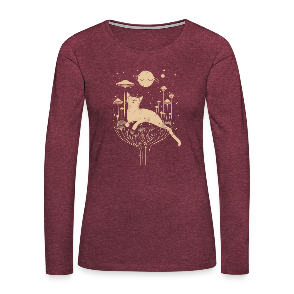 Surreales Katzen Motiv im Kosmos - Frauen Premium Langarmshirt - Bordeauxrot meliert