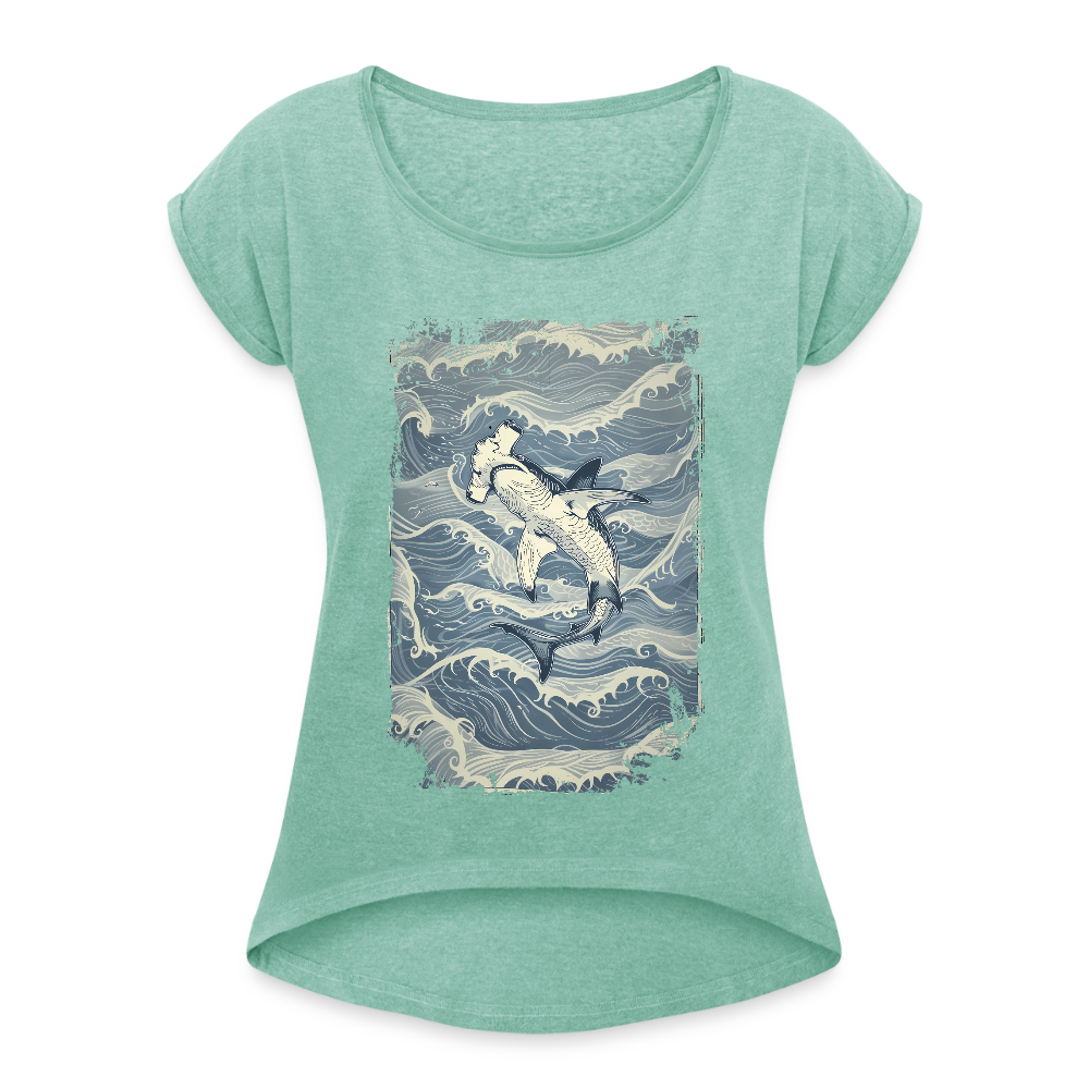 Vintage Hammerhai im japanischen inspirierten Tattoo Stil - Frauen T-Shirt mit gerollten Ärmeln - Minze meliert