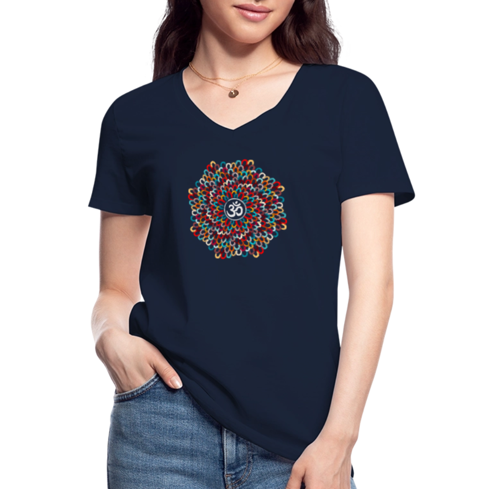 Yogi, Prana Mandala Om - Bunte Federn - Klassisches Frauen-T-Shirt mit V-Ausschnitt - Navy