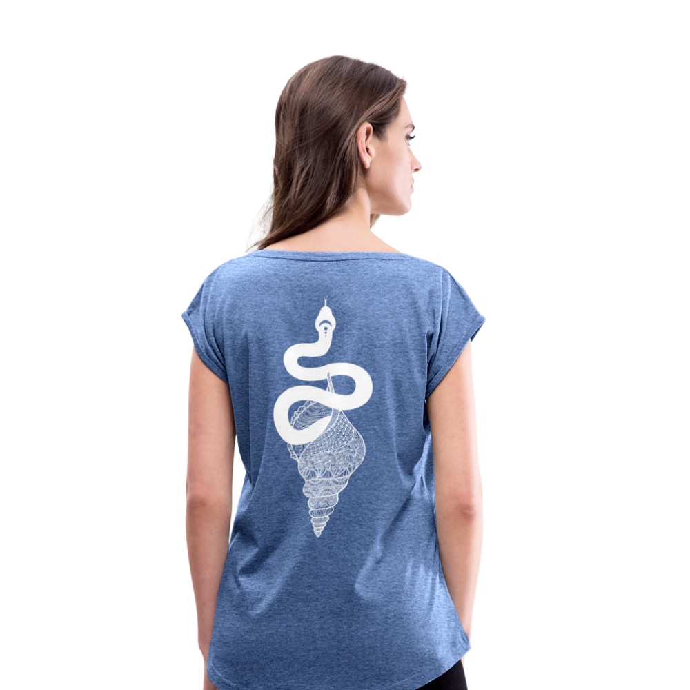 Kosmosschlange im Schneckenhaus - Frauen Shirt mit gerollten Ärmeln - Denim meliert