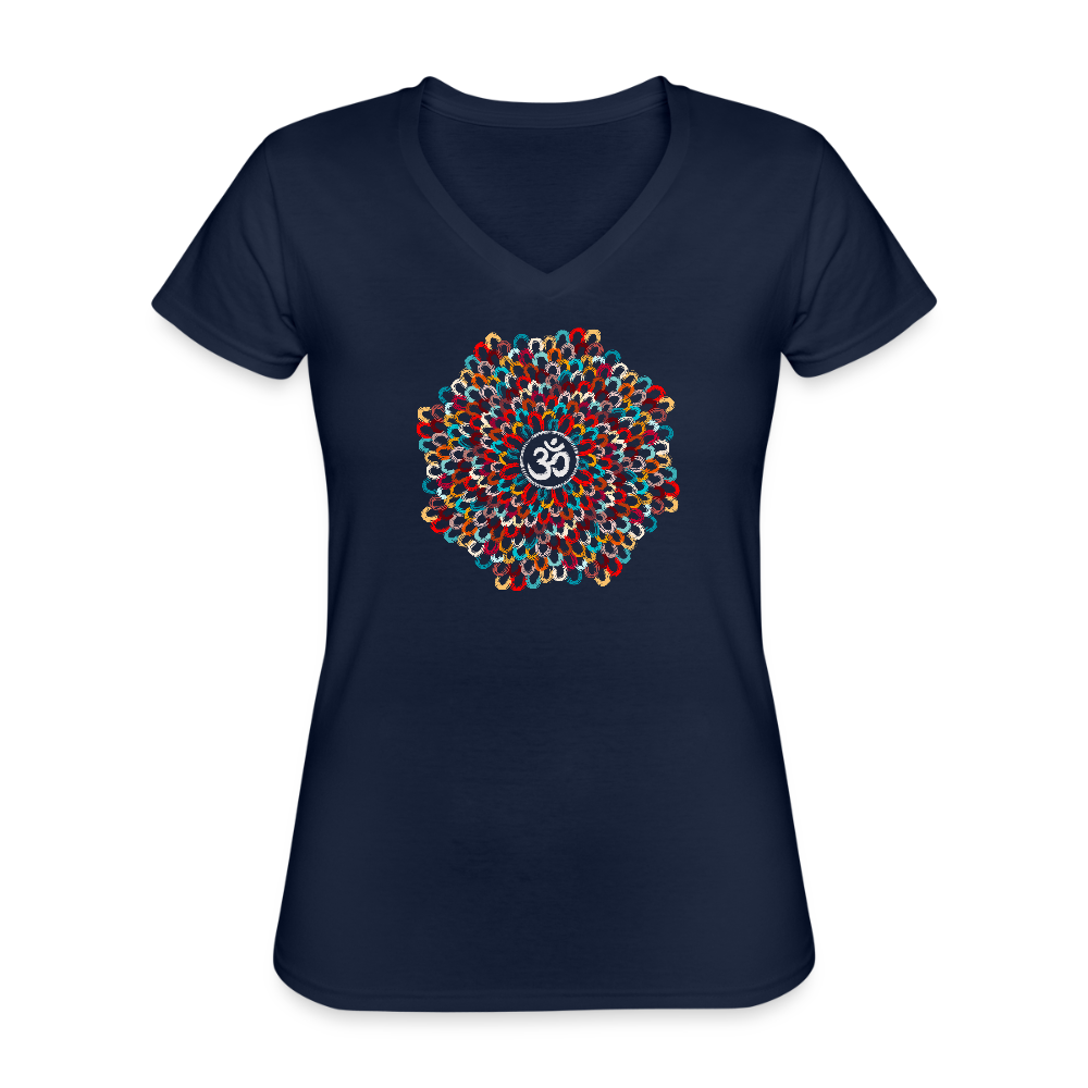 Yogi, Prana Mandala Om - Bunte Federn - Klassisches Frauen-T-Shirt mit V-Ausschnitt - Navy