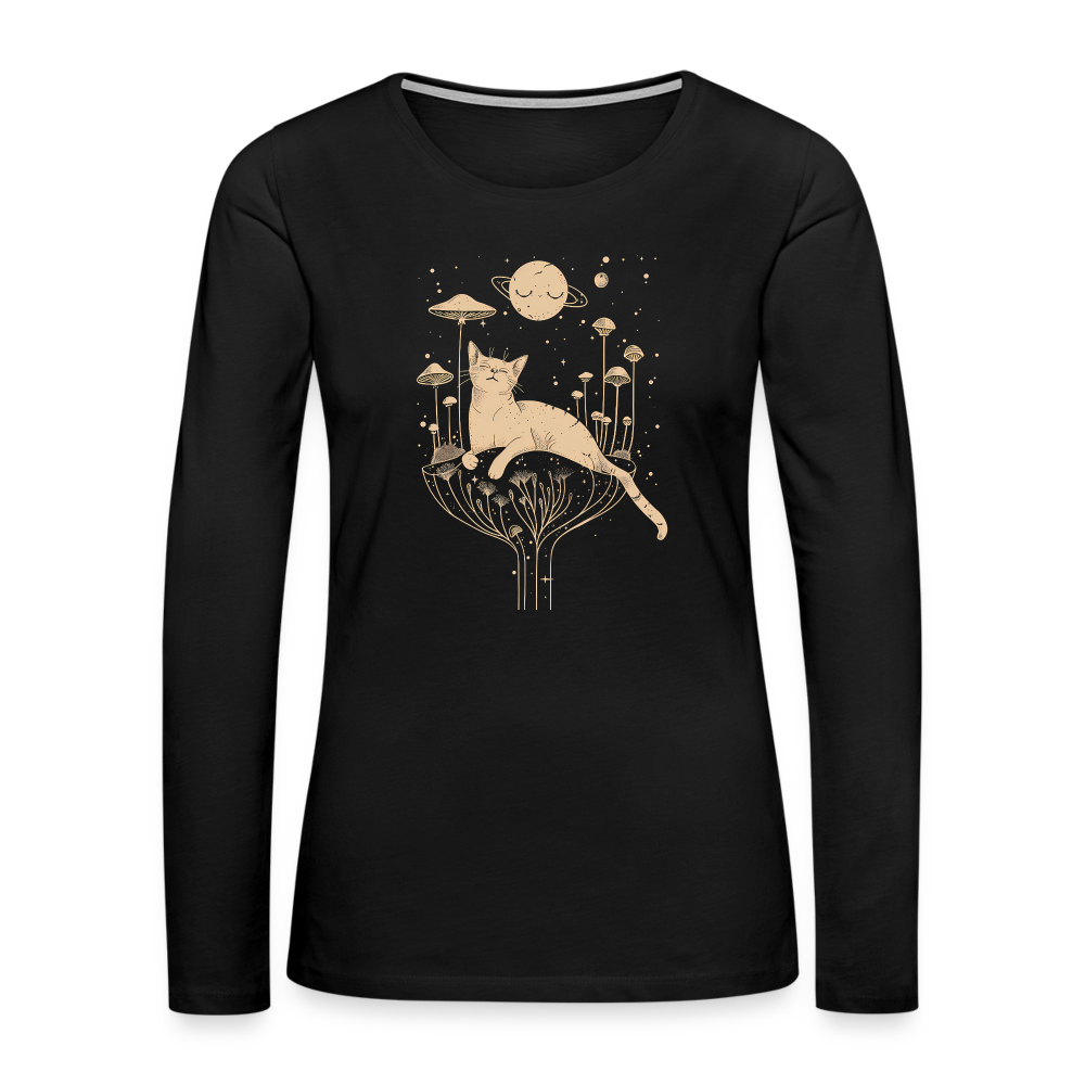 Surreales Katzen Motiv im Kosmos - Frauen Premium Langarmshirt - Schwarz