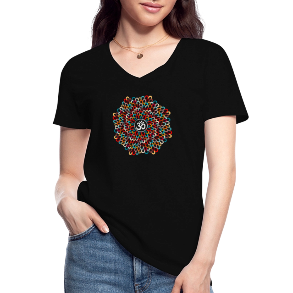 Yogi, Prana Mandala Om - Bunte Federn - Klassisches Frauen-T-Shirt mit V-Ausschnitt - Schwarz