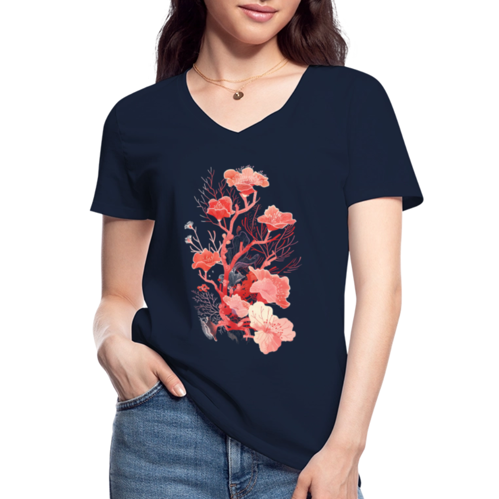 Zarte Korallen Blumen - Klassisches Frauen-T-Shirt mit V-Ausschnitt - Navy