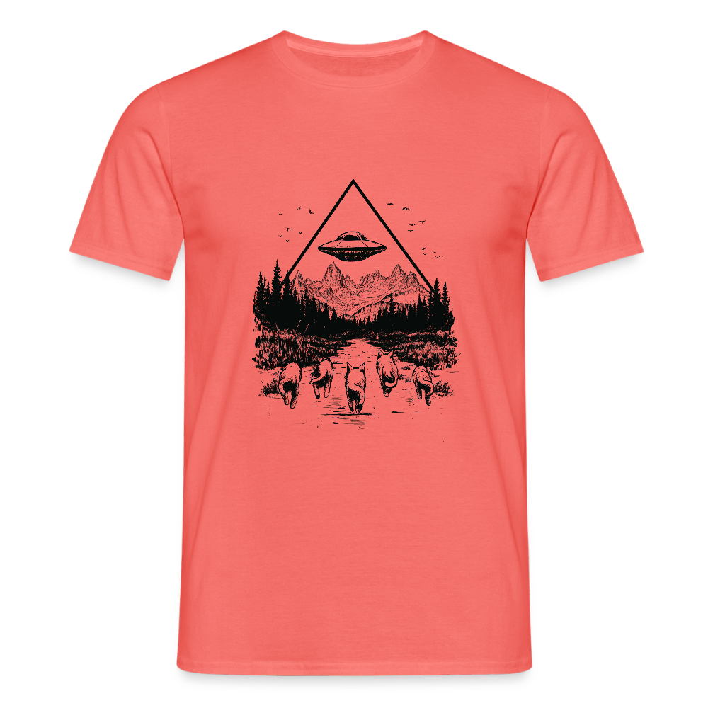 Katzen die in Richtung UFO laufen - Männer T-Shirt - Koralle