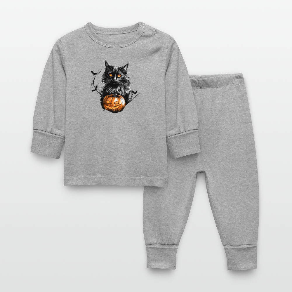 Schwarze Katze mit Halloween Kürbis - Baby Schlafanzug - Grau meliert