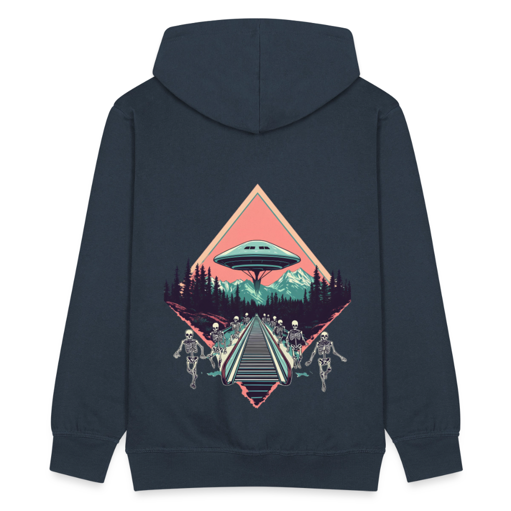 Retro UFO 80er Jahre Motiv - Surreale Skelette und Rolltreppe Richtung UFO - Männer Premium Kapuzenjacke - Navy