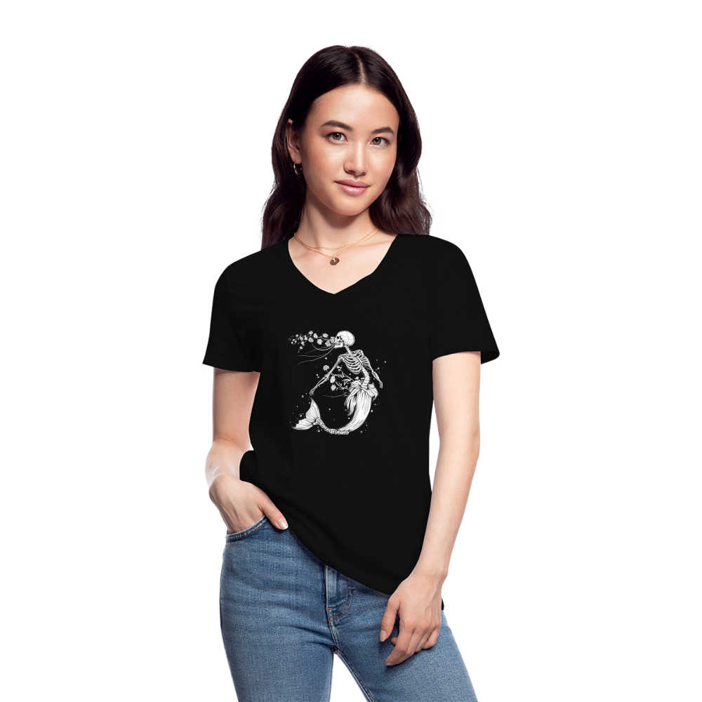Florale Skelett Meerjungfrau - Klassisches Frauen-T-Shirt mit V-Ausschnitt - Schwarz