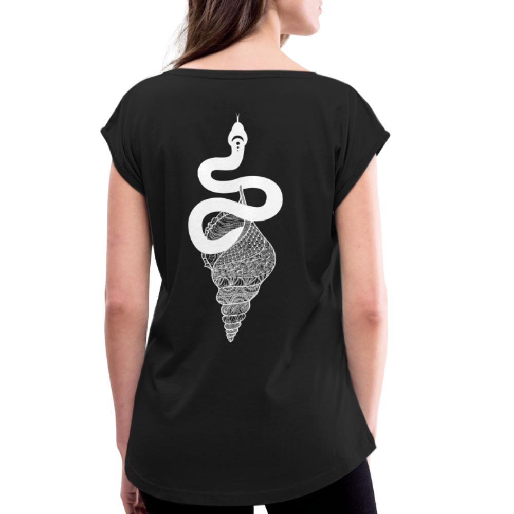Kosmosschlange im Schneckenhaus - Frauen Shirt mit gerollten Ärmeln - Schwarz