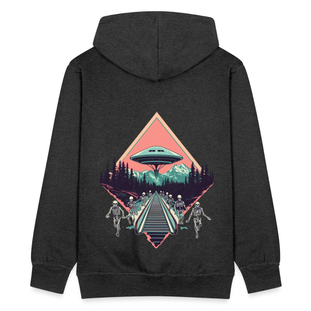 Retro UFO 80er Jahre Motiv - Surreale Skelette und Rolltreppe Richtung UFO - Männer Premium Kapuzenjacke - Anthrazit