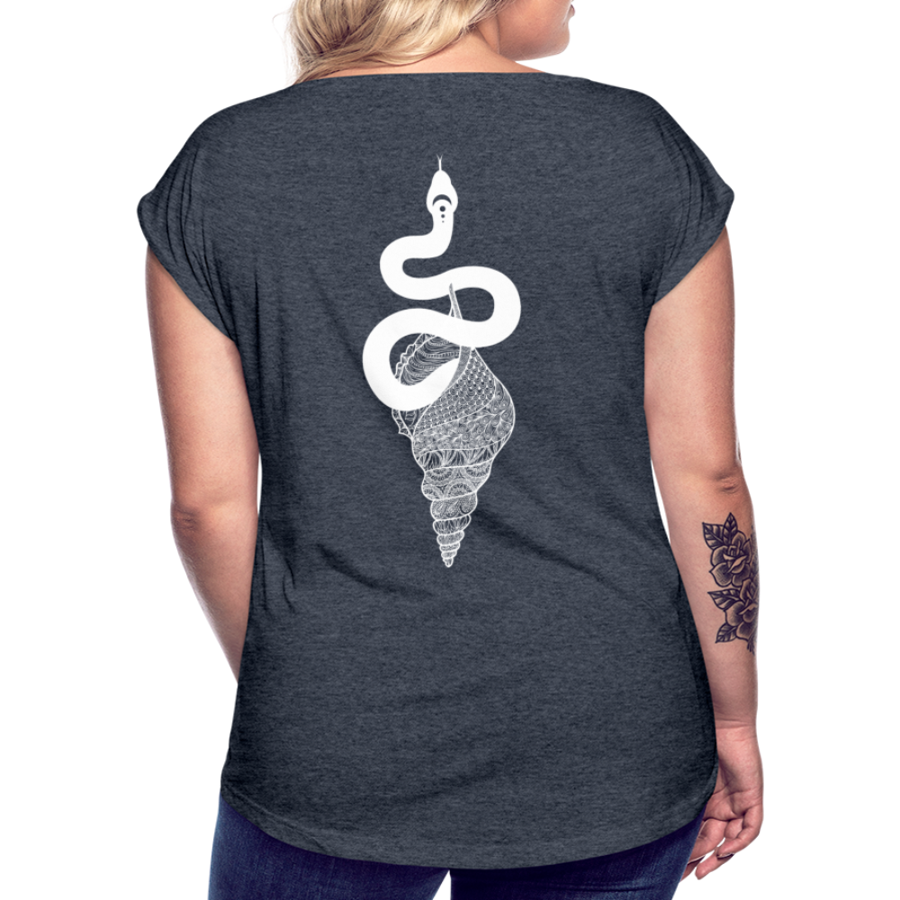 Kosmosschlange im Schneckenhaus - Frauen Shirt mit gerollten Ärmeln - Navy meliert