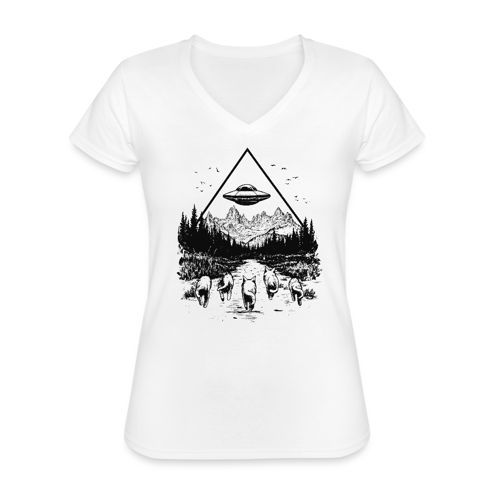 Katzen die in Richtung UFO laufen - Klassisches Frauen-T-Shirt mit V-Ausschnitt - Weiß