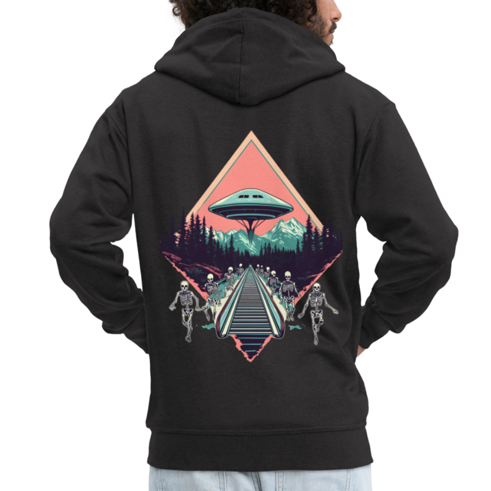 Retro UFO 80er Jahre Motiv - Surreale Skelette und Rolltreppe Richtung UFO - Männer Premium Kapuzenjacke - Schwarz
