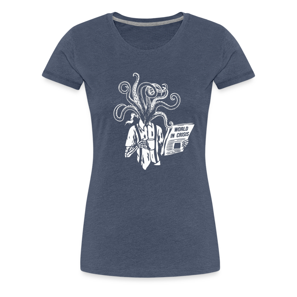 Kaffee trinkendes Skelett mit Tentakeln, Zeitung - Frauen Premium T-Shirt - Blau meliert