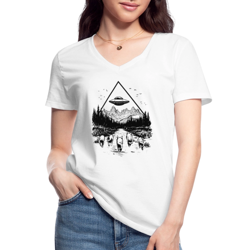Katzen die in Richtung UFO laufen - Klassisches Frauen-T-Shirt mit V-Ausschnitt - Weiß