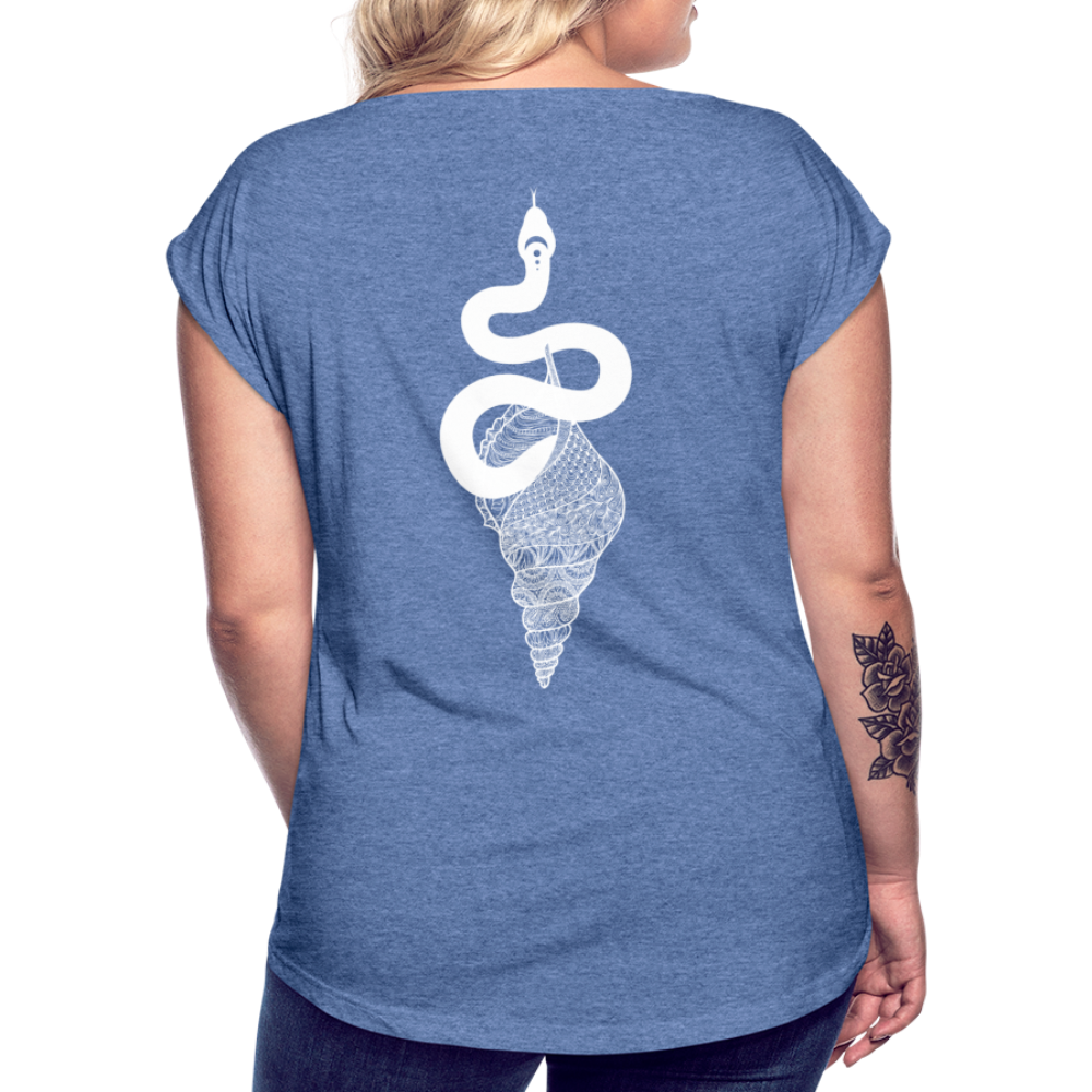 Kosmosschlange im Schneckenhaus - Frauen Shirt mit gerollten Ärmeln - Denim meliert