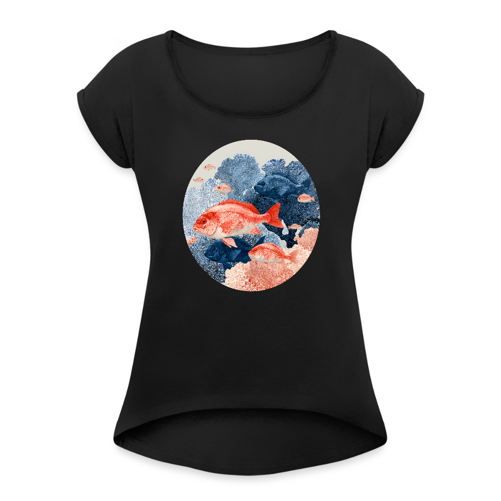 Bunter Meeres Fisch - Frauen T-Shirt mit gerollten Ärmeln - Schwarz