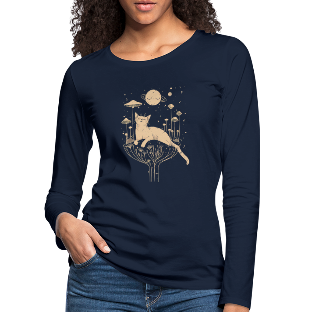 Surreales Katzen Motiv im Kosmos - Frauen Premium Langarmshirt - Navy