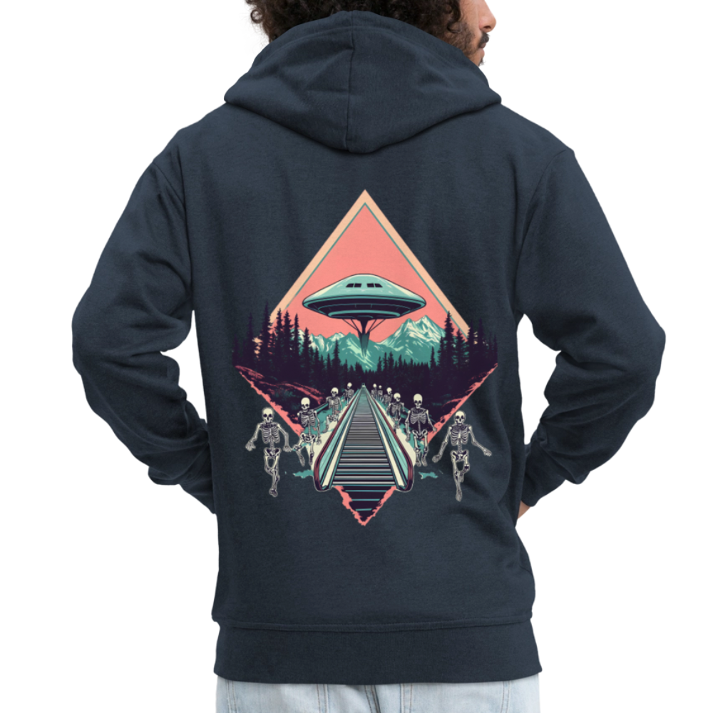 Retro UFO 80er Jahre Motiv - Surreale Skelette und Rolltreppe Richtung UFO - Männer Premium Kapuzenjacke - Navy