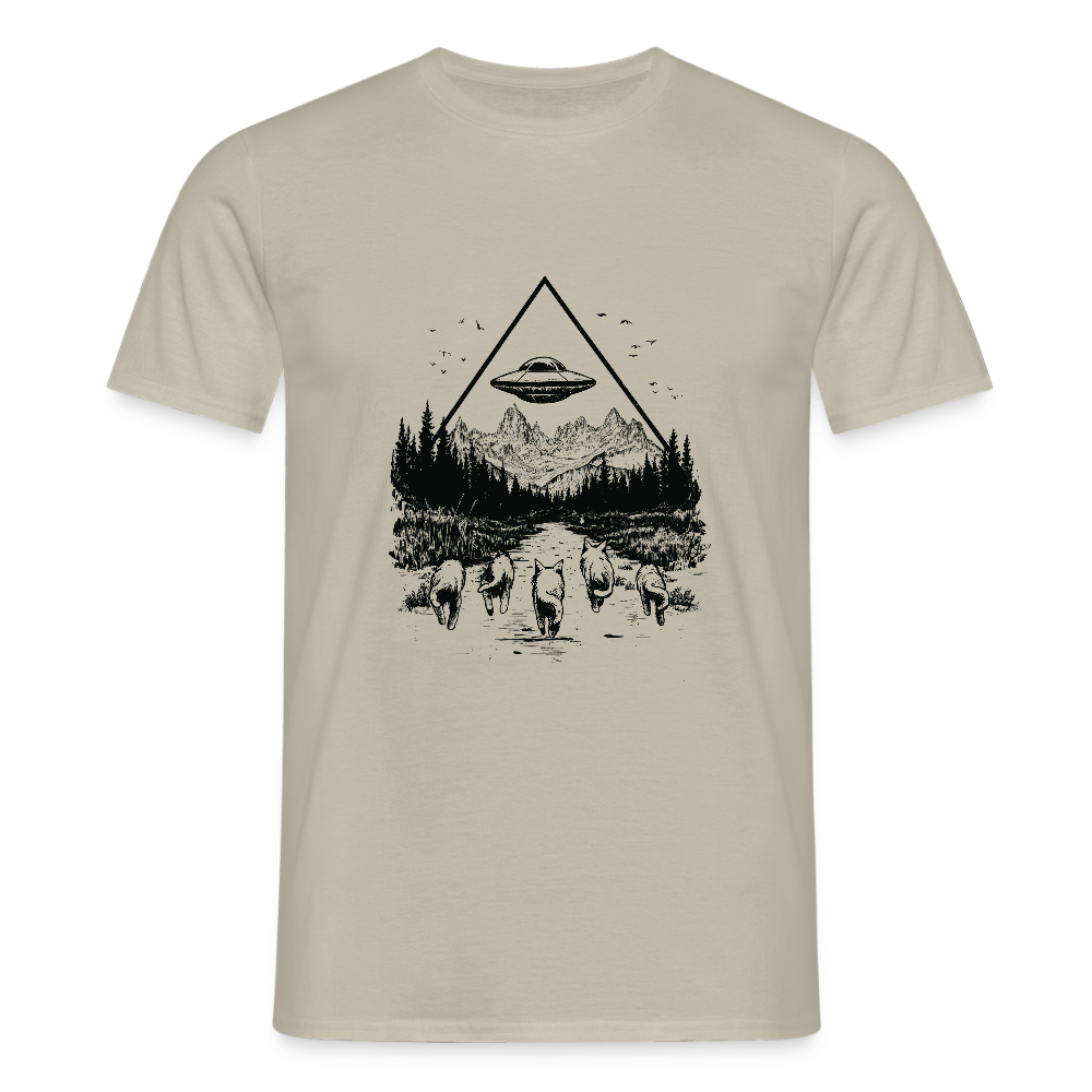 Katzen die in Richtung UFO laufen - Männer T-Shirt - Sandbeige
