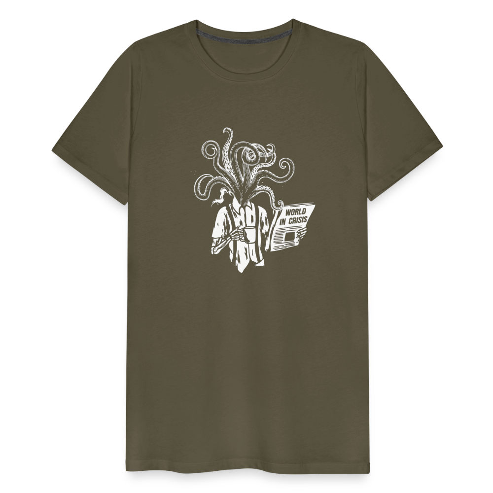 Kaffee trinkendes Skelett mit Tentakeln, Zeitung - Männer Premium T-Shirt - Khaki