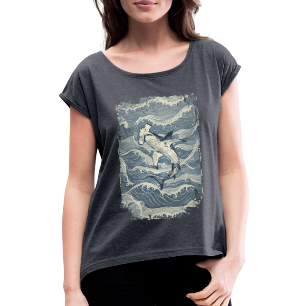 Vintage Hammerhai im japanischen inspirierten Tattoo Stil - Frauen T-Shirt mit gerollten Ärmeln - Navy meliert