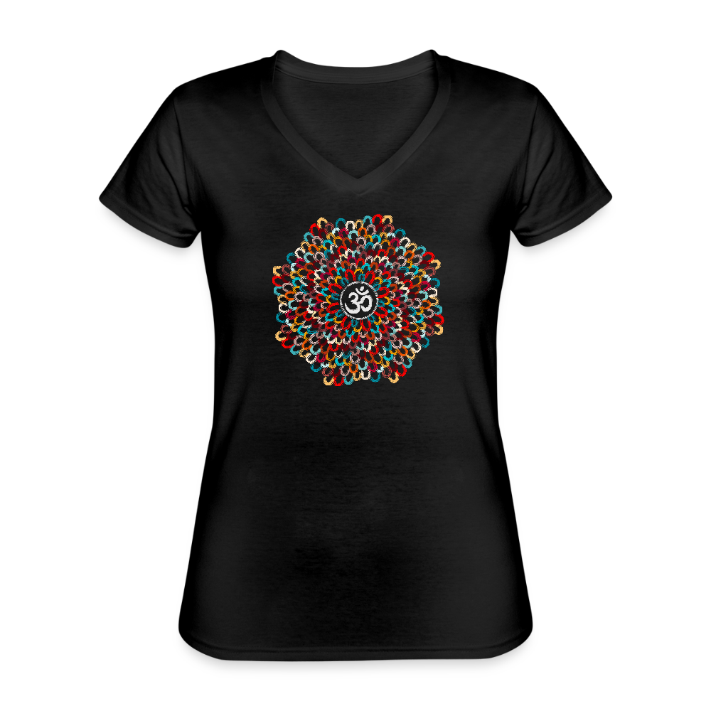 Yogi, Prana Mandala Om - Bunte Federn - Klassisches Frauen-T-Shirt mit V-Ausschnitt - Schwarz