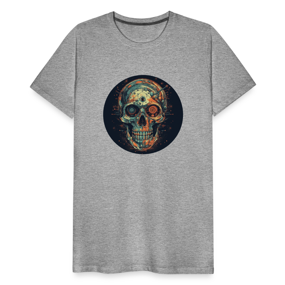 Retro Futuristischer Totenkopf Skull Cyborg- Männer Premium T-Shirt - Grau meliert
