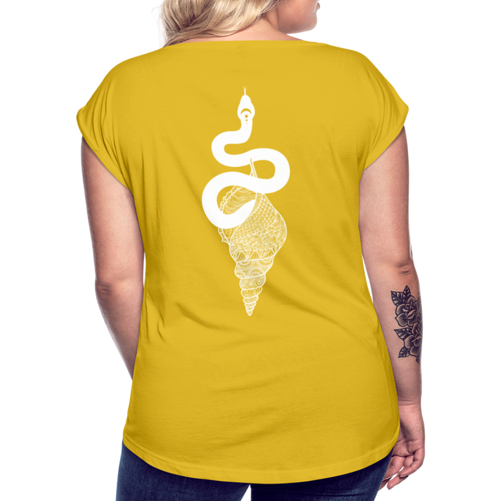 Kosmosschlange im Schneckenhaus - Frauen Shirt mit gerollten Ärmeln - Senfgelb