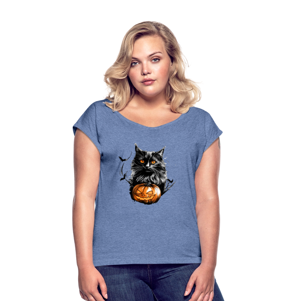 Schwarze Katze mit Halloween Kürbis - Frauen T-Shirt mit gerollten Ärmeln - Denim meliert