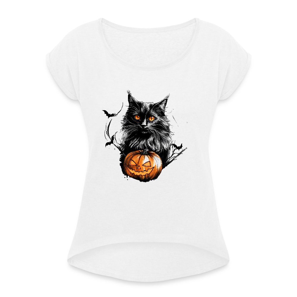 Schwarze Katze mit Halloween Kürbis - Frauen T-Shirt mit gerollten Ärmeln - Weiß