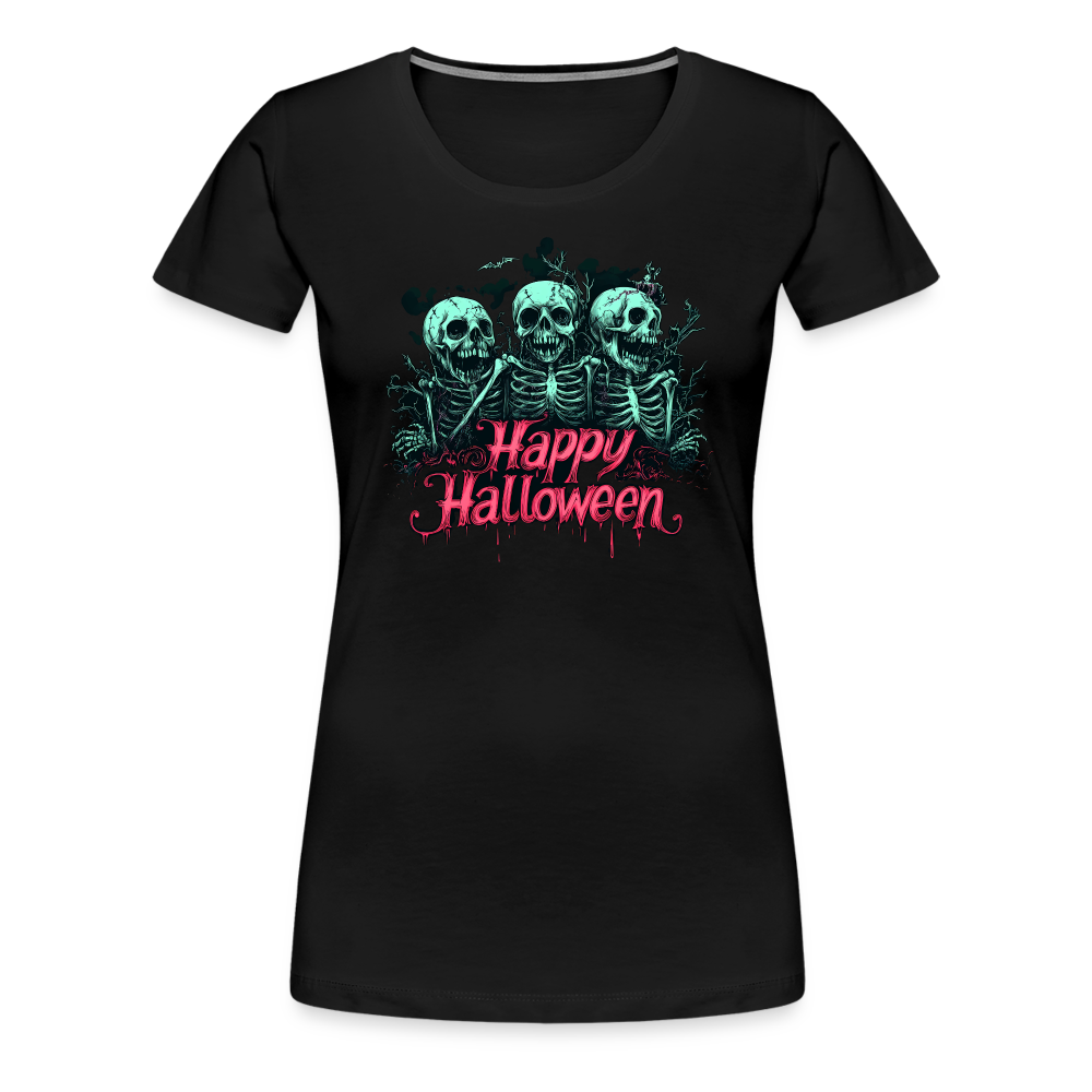 Gruselige Skelette, pink "Happy Halloween" - Frauen Premium T-Shirt - Schwarz