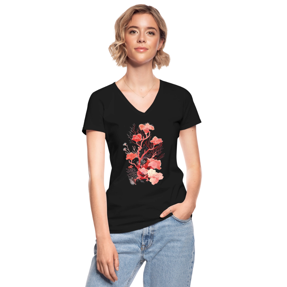Zarte Korallen Blumen - Klassisches Frauen-T-Shirt mit V-Ausschnitt - Schwarz