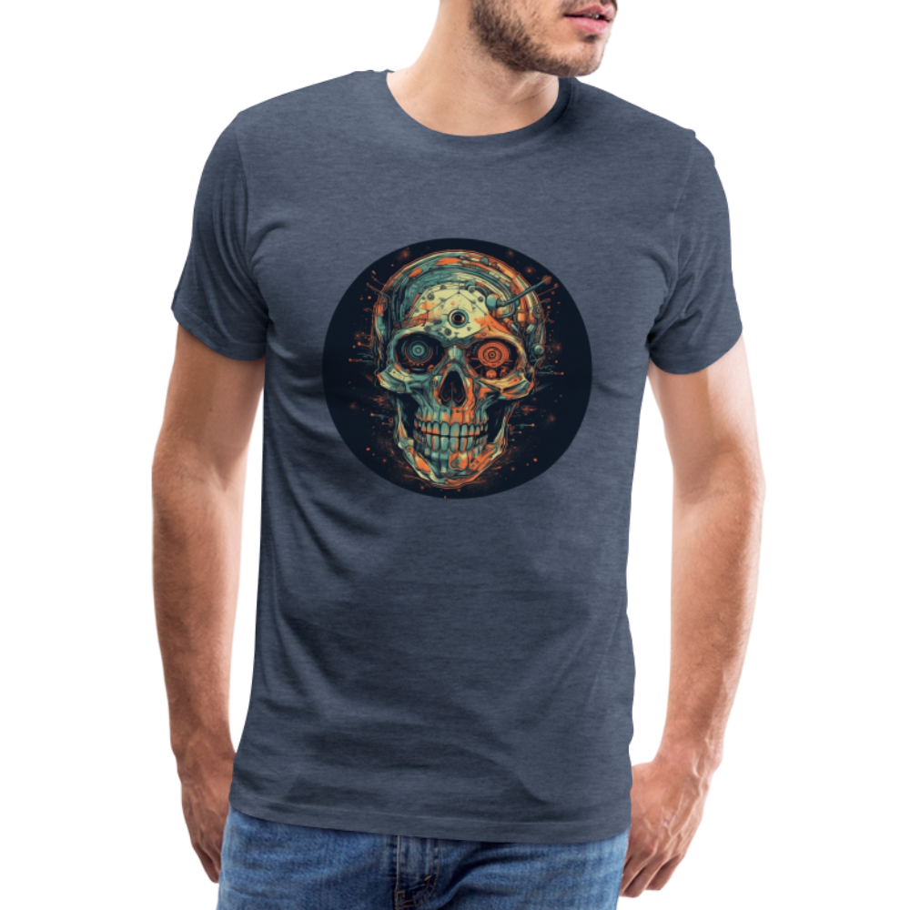 Retro Futuristischer Totenkopf Skull Cyborg- Männer Premium T-Shirt - Blau meliert
