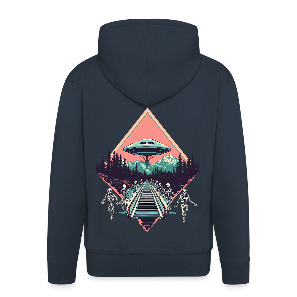 Retro UFO 80er Jahre Motiv - Surreale Skelette und Rolltreppe Richtung UFO - Männer Premium Kapuzenjacke - Navy