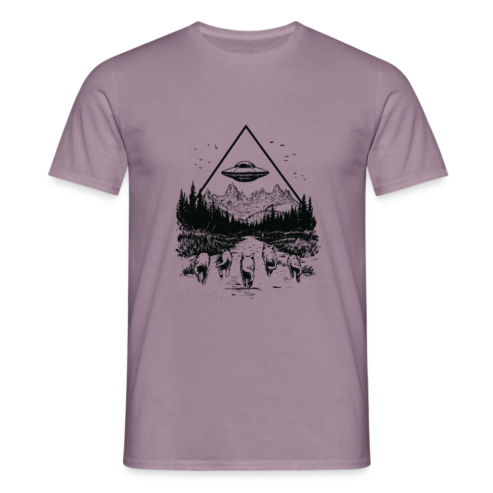 Katzen die in Richtung UFO laufen - Männer T-Shirt - Lilagrau