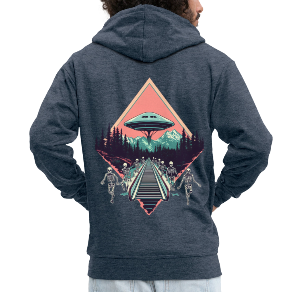 Retro UFO 80er Jahre Motiv - Surreale Skelette und Rolltreppe Richtung UFO - Männer Premium Kapuzenjacke - Jeansblau