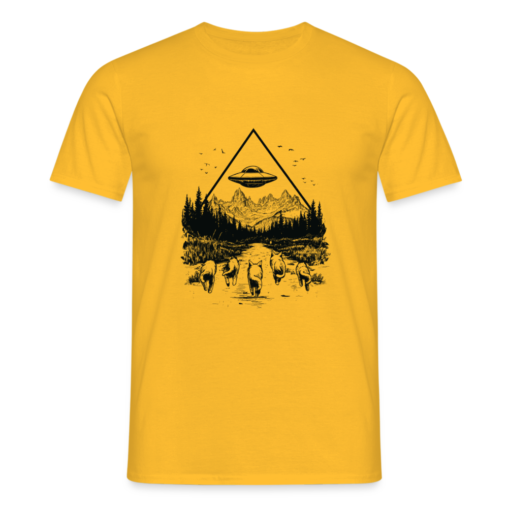 Katzen die in Richtung UFO laufen - Männer T-Shirt - Gelb