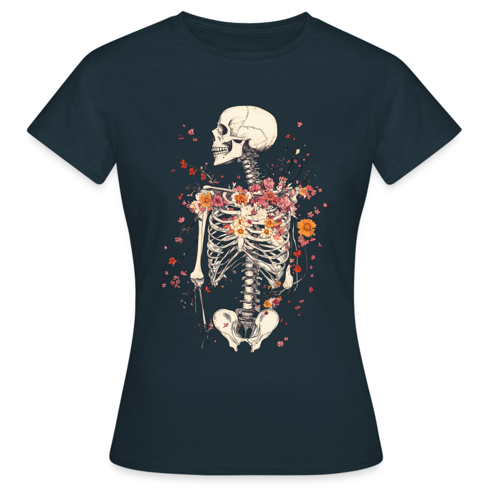 Skelett mit zarten Blumen im Boho Look - Frauen T-Shirt - Navy
