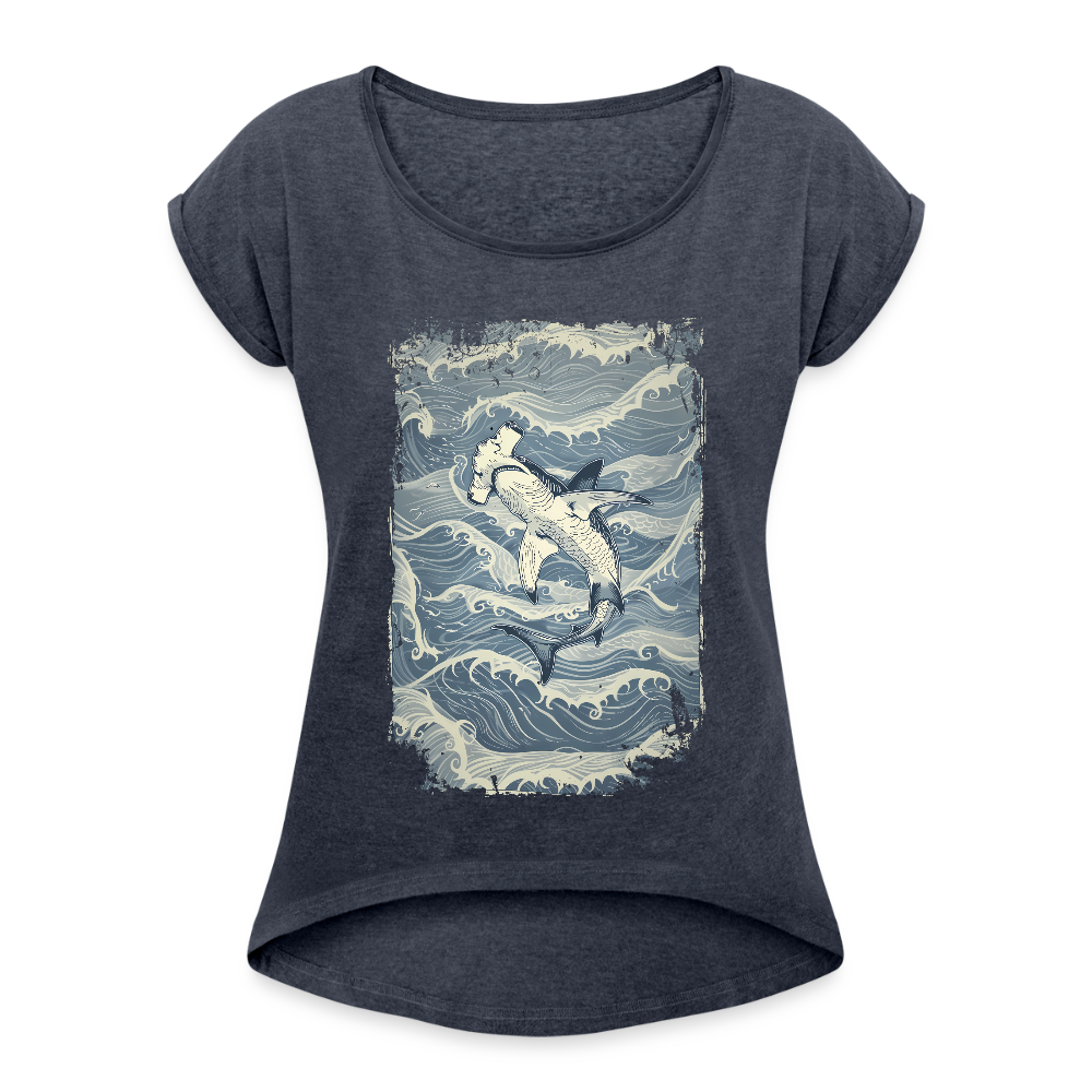 Vintage Hammerhai im japanischen inspirierten Tattoo Stil - Frauen T-Shirt mit gerollten Ärmeln - Navy meliert