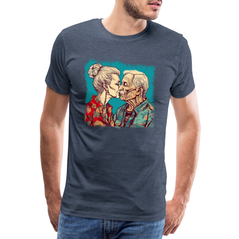 Küssendes Best Ager Pärchen mit Hawaiihemden - Männer T-Shirt - Blau meliert