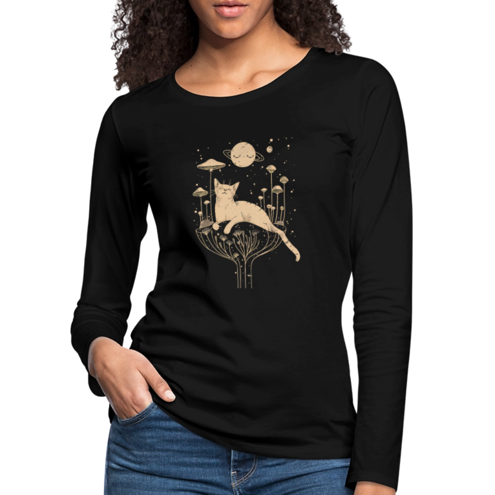 Surreales Katzen Motiv im Kosmos - Frauen Premium Langarmshirt - Schwarz
