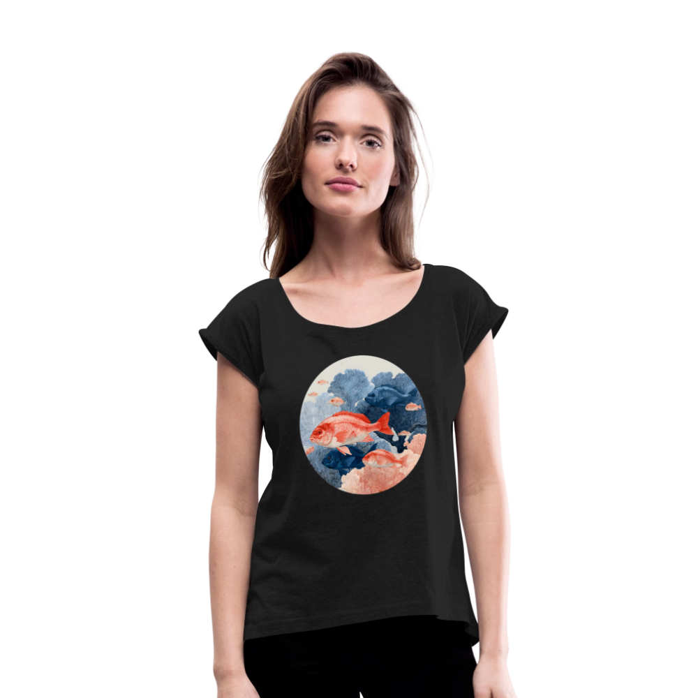 Bunter Meeres Fisch - Frauen T-Shirt mit gerollten Ärmeln - Schwarz