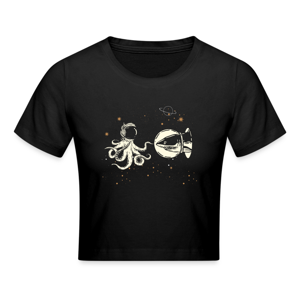 Begegnung zwischen Hai und Oktopus im Weltall - Frauen Crop Top - Schwarz