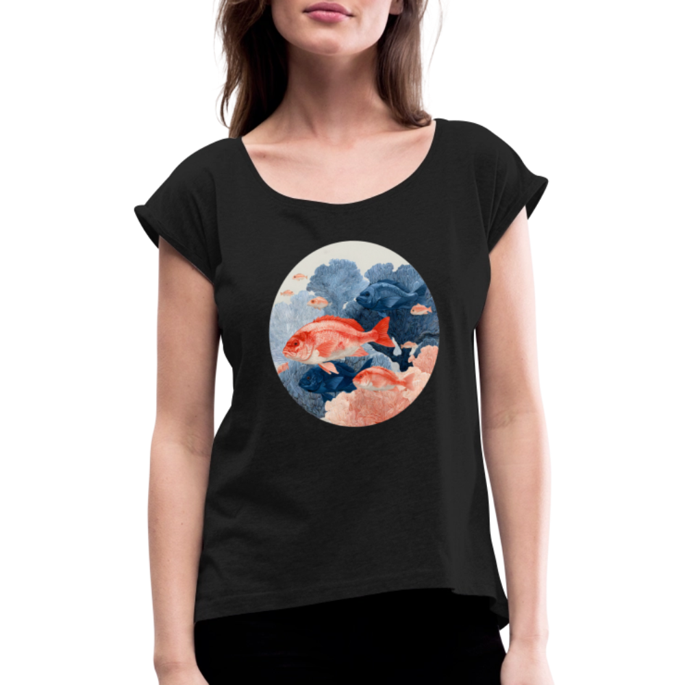Bunter Meeres Fisch - Frauen T-Shirt mit gerollten Ärmeln - Schwarz