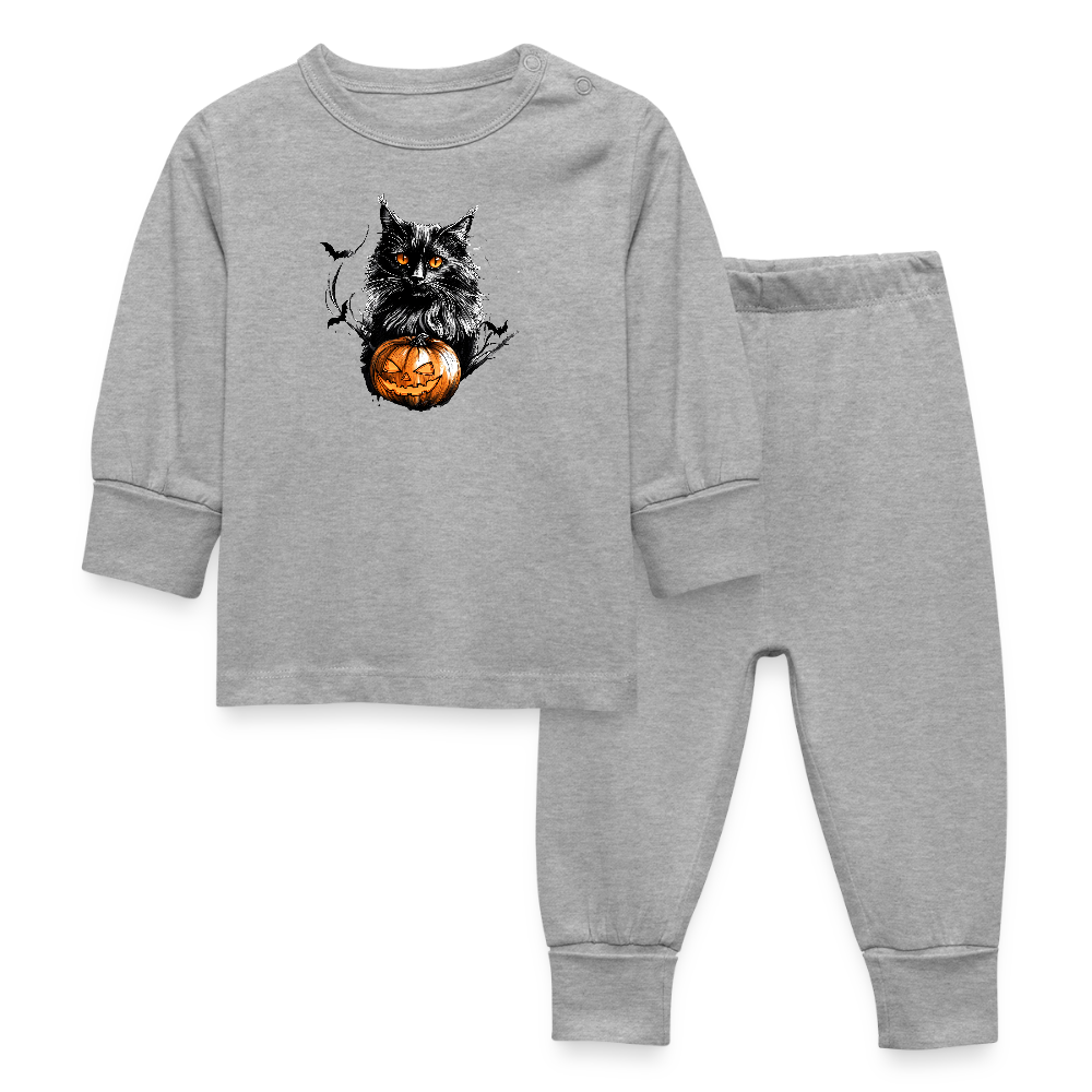 Schwarze Katze mit Halloween Kürbis - Baby Schlafanzug - Grau meliert