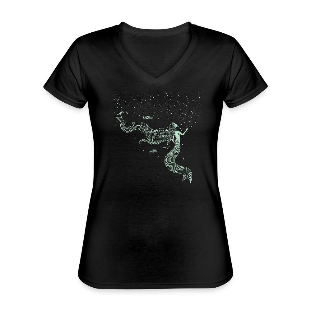 Lineart Meerjungfrau Motiv (hellgrün) - Klassisches Frauen-T-Shirt mit V-Ausschnitt - Schwarz