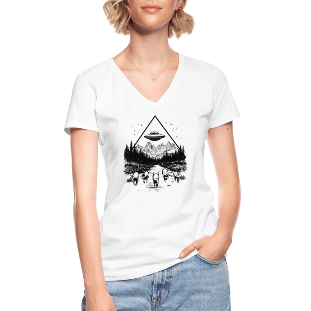 Katzen die in Richtung UFO laufen - Klassisches Frauen-T-Shirt mit V-Ausschnitt - Weiß