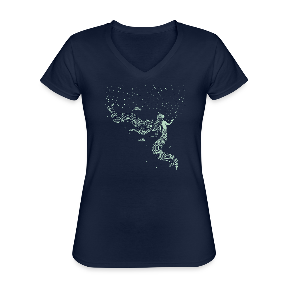 Lineart Meerjungfrau Motiv (hellgrün) - Klassisches Frauen-T-Shirt mit V-Ausschnitt - Navy