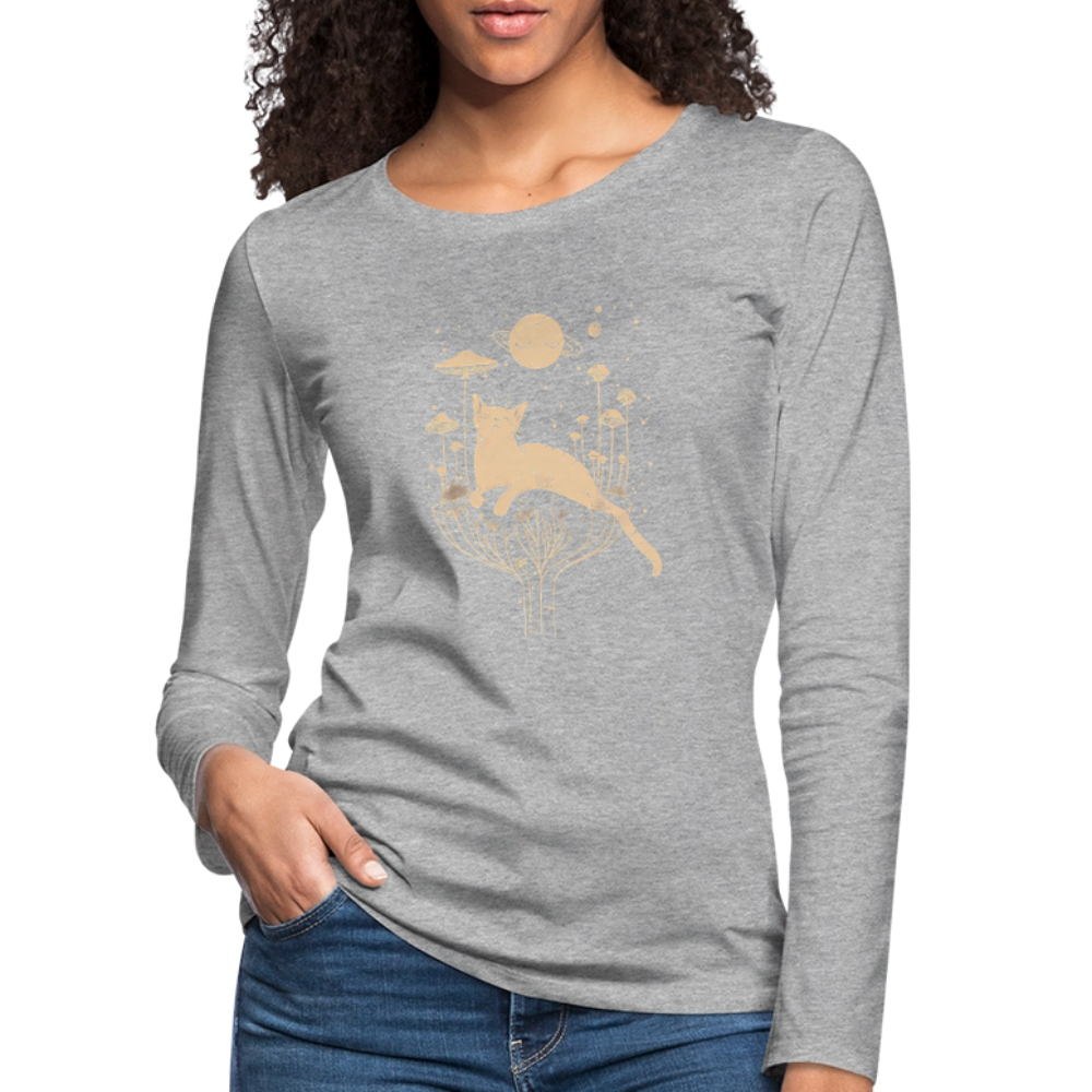 Surreales Katzen Motiv im Kosmos - Frauen Premium Langarmshirt - Grau meliert